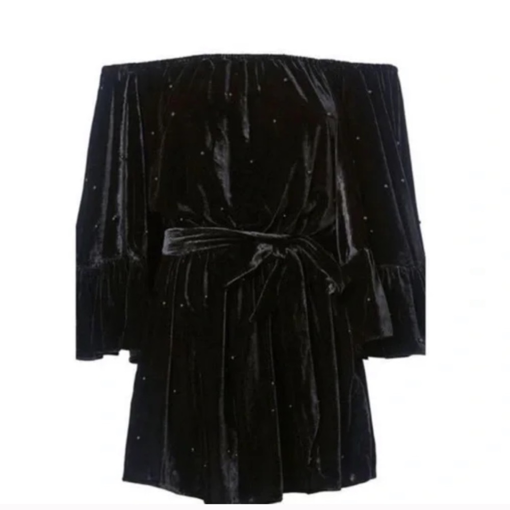 C/MEO Embellished Black Velvet Long Sleeve Romper